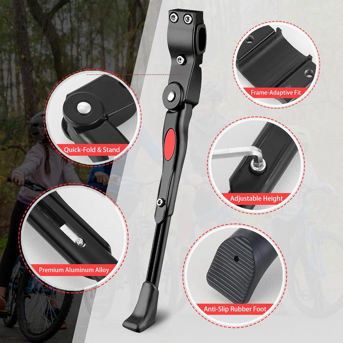Adjustable Bike Kickstand Compatible with Nishiki, Bicycle Side Kickstand, Aluminum Alloy Bike Kick Stand, Easy to Install, for 22 24 26 Inch Mountain Bikes, MTB and Road Bikes Accessories, Black
