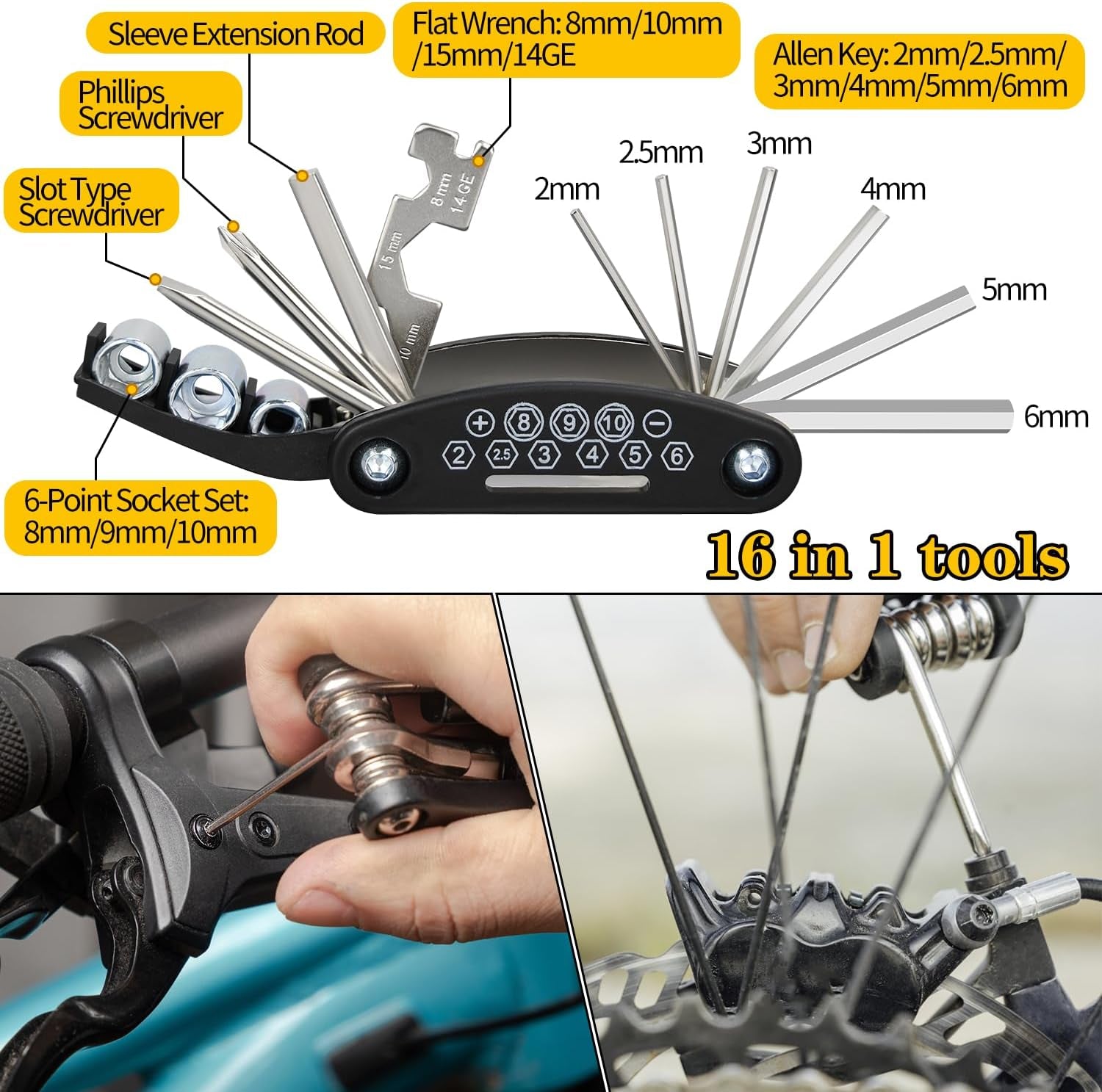Bike Repair Kit, Bike Tire Repair Tool Kit, Including Bike Tire Pump, 16-In-1 Bike Multitool, Bicycle Tire Repair Accessories, Used for Mountain Bike and Road Bike