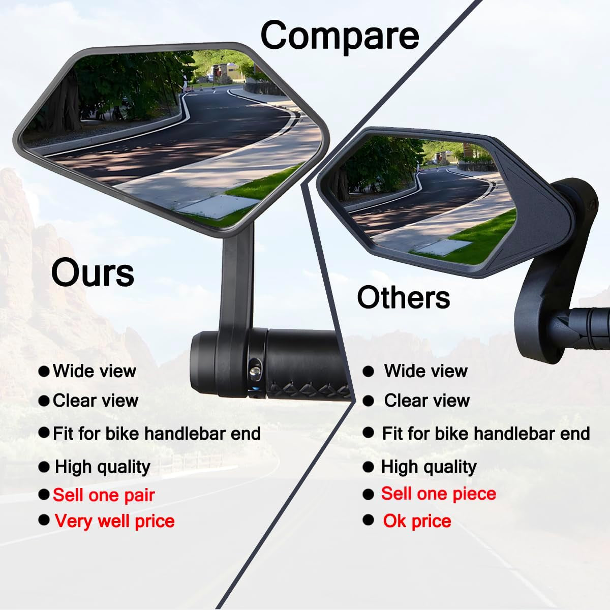 1 Pair Bike Mirror Handlebar End Mount Bicycle Mirrors E-Bike Mirrors, HD Glass Convex Mirror, Rotatable and Adjustable Wide Angle Rear View Shockproof Mirrors,Safe Cycling Bike Accessories.