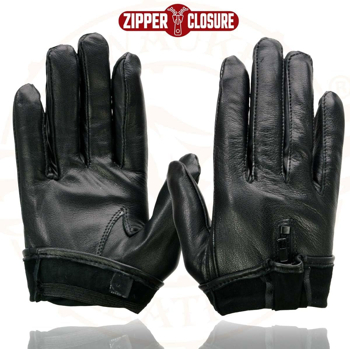 SH722 Ladies Black Unlined Leather Gloves with Zipper Closure