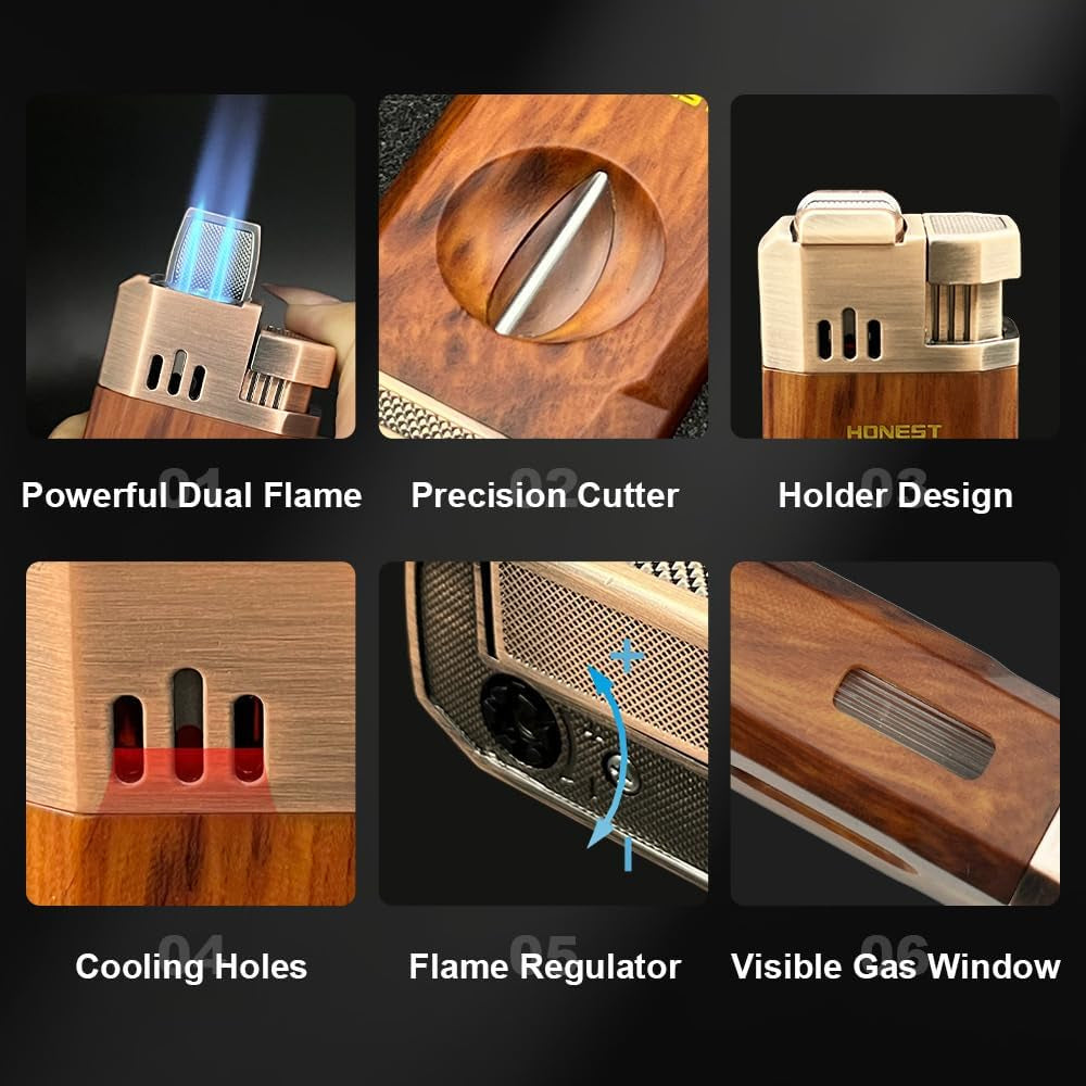 Windproof Torch Lighter with Built-In Cigar Cutter – Dual-Flame Refillable Stainless Steel Cigar Accessory for Candles & Fireplace