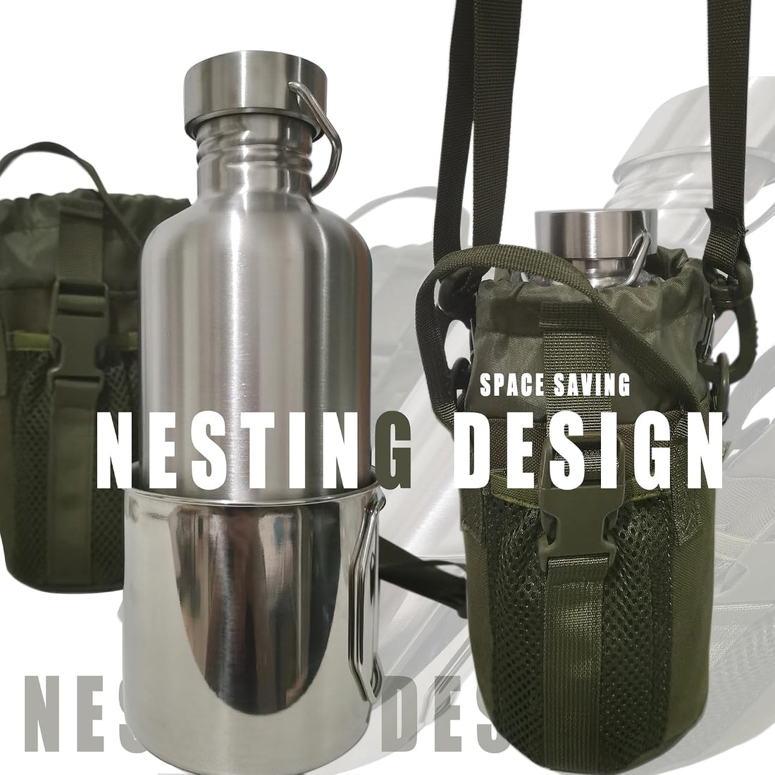 3-In-1 Outdoor Canteen – 42Oz Single Wall Water Bottle with 24Oz Nesting Cup & Carry Bag. 18/8 Stainless Steel Wide Mouth for Camping, Hiking, Survival, Emergency Kits