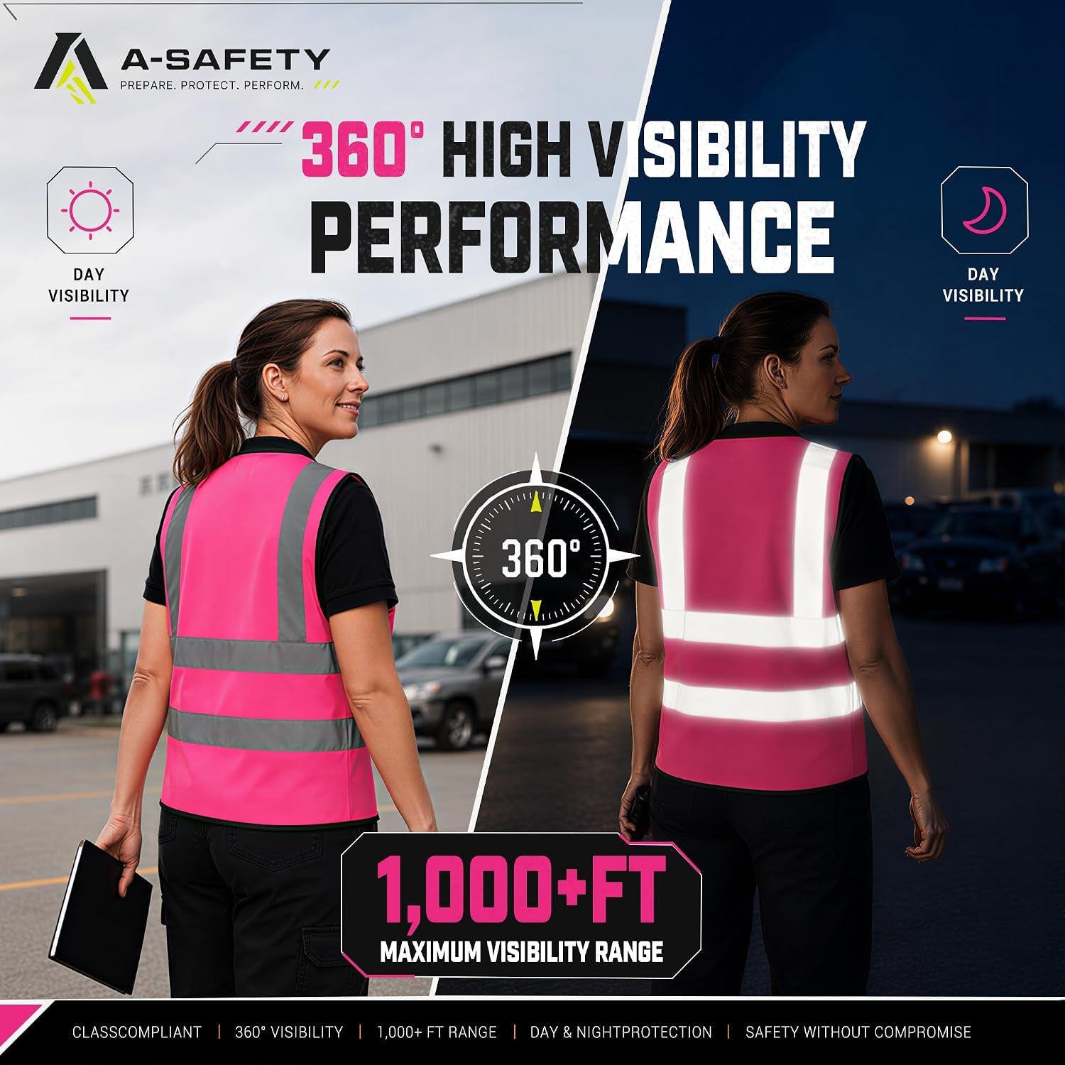 Reflective Safety Vest with Mic Tabs, Black Front Zipper, Pink, L