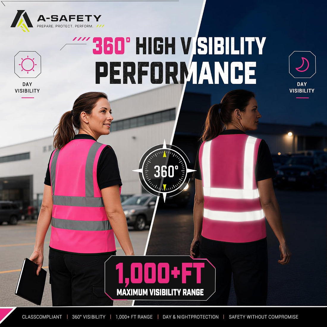 Reflective Safety Vest with Mic Tabs, Black Front Zipper, Pink, L