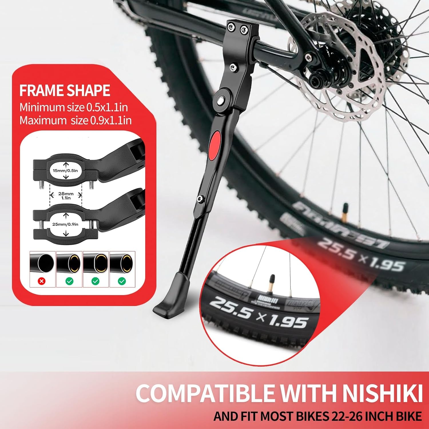 Adjustable Bike Kickstand Compatible with Nishiki, Bicycle Side Kickstand, Aluminum Alloy Bike Kick Stand, Easy to Install, for 22 24 26 Inch Mountain Bikes, MTB and Road Bikes Accessories, Black