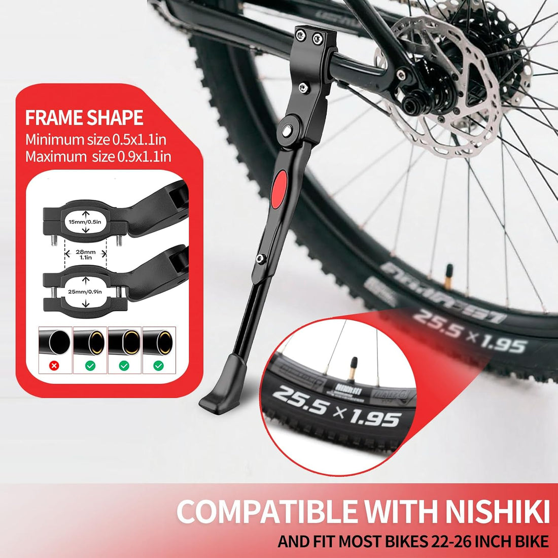 Adjustable Bike Kickstand Compatible with Nishiki, Bicycle Side Kickstand, Aluminum Alloy Bike Kick Stand, Easy to Install, for 22 24 26 Inch Mountain Bikes, MTB and Road Bikes Accessories, Black