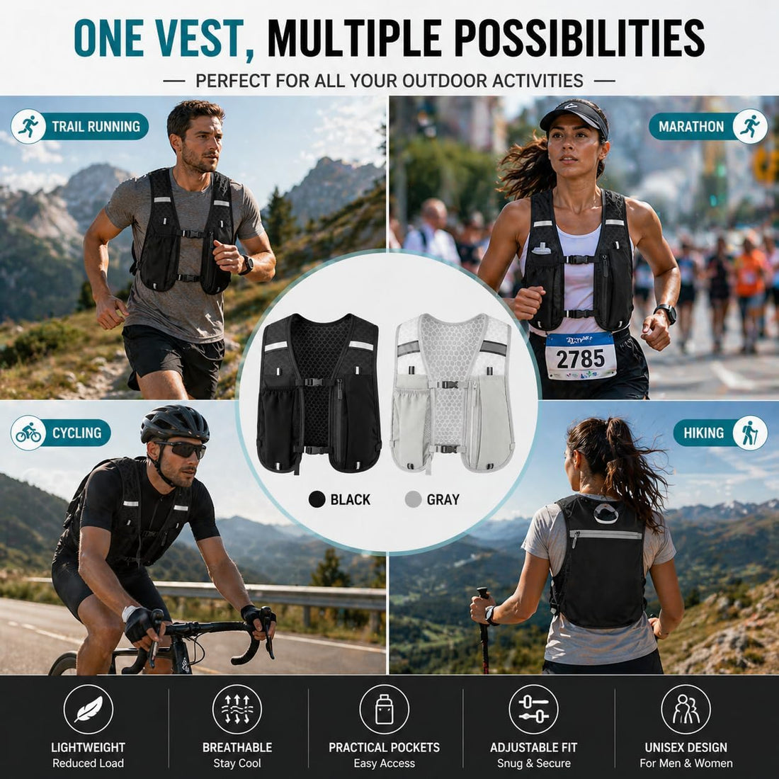 Running Vest for Women & Men, Hydration Vest with Water Bottle Holder and Zipper Phone Pocket, Lightweight Breathable Reflective Running Vest for Marathon.