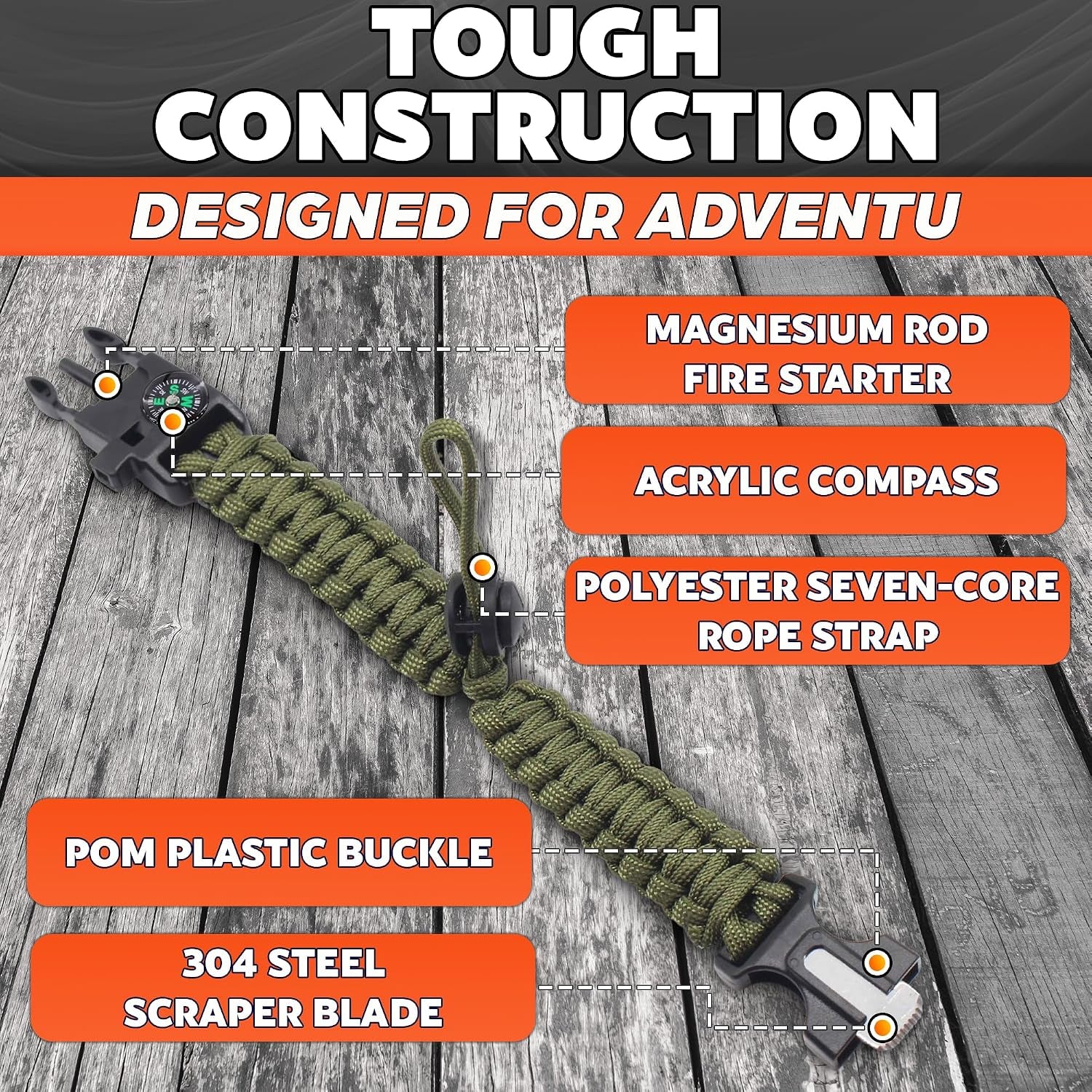 Adjustable Paracord Bracelet, Survival, 5-In-1 Tactical Gear, 2 Pack
