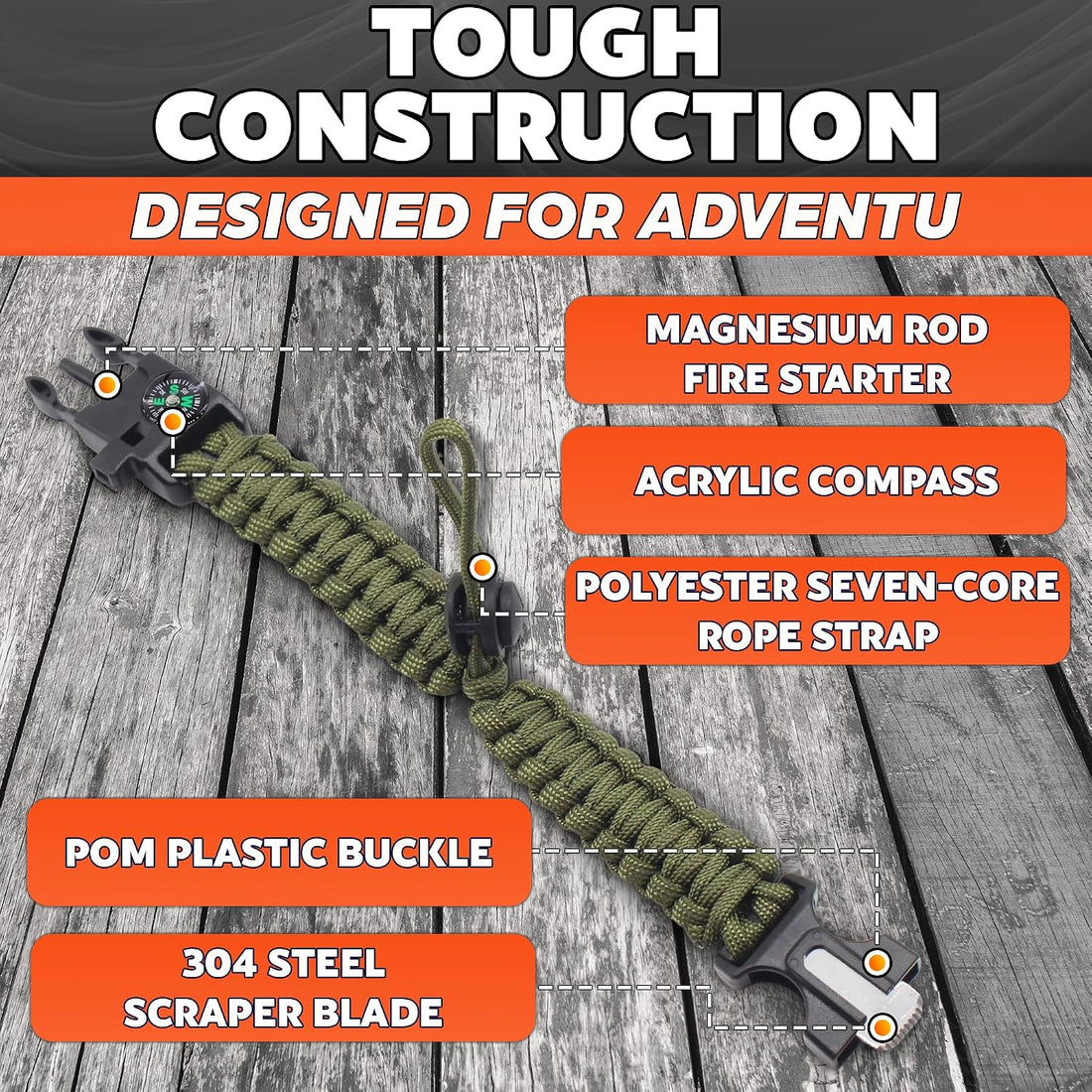 Adjustable Paracord Bracelet, Survival, 5-In-1 Tactical Gear, 2 Pack